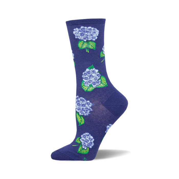 socks that are dark blue with a pattern of light blue, purple, and green hydrangeas. }}