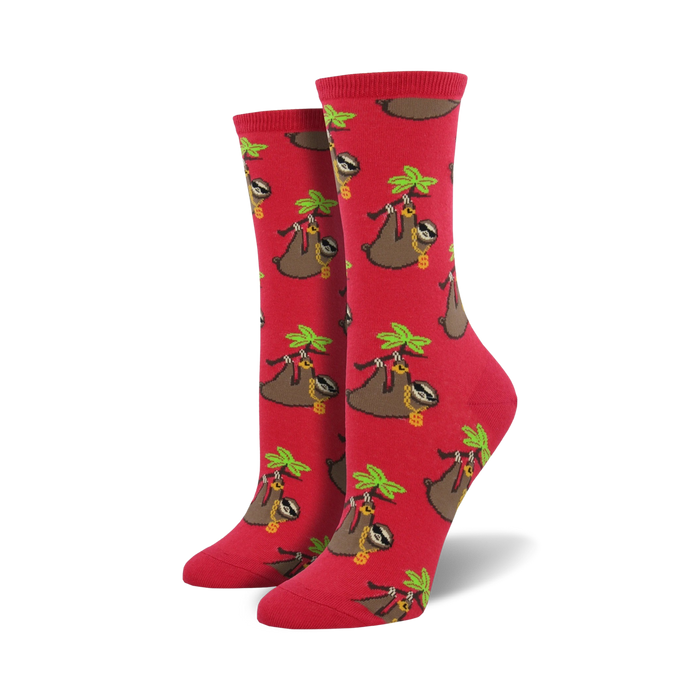 Pair of red crew socks with a repeating pattern of sloths hanging from palm trees and wearing gold chains. }}