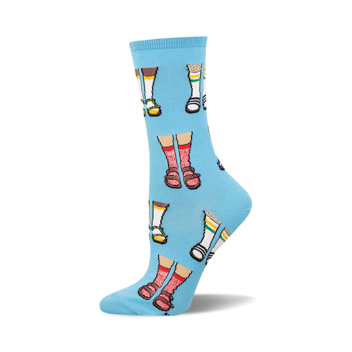 A light blue crew sock displaying a pattern of cartoon legs wearing various sandals. The socks are comfortable and fun. }}
