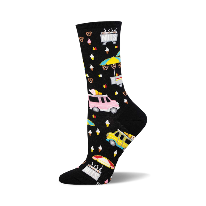 Black crew socks with colorful street food vendor designs: pink & yellow food trucks, ice cream cones, pretzels, and stands. }}