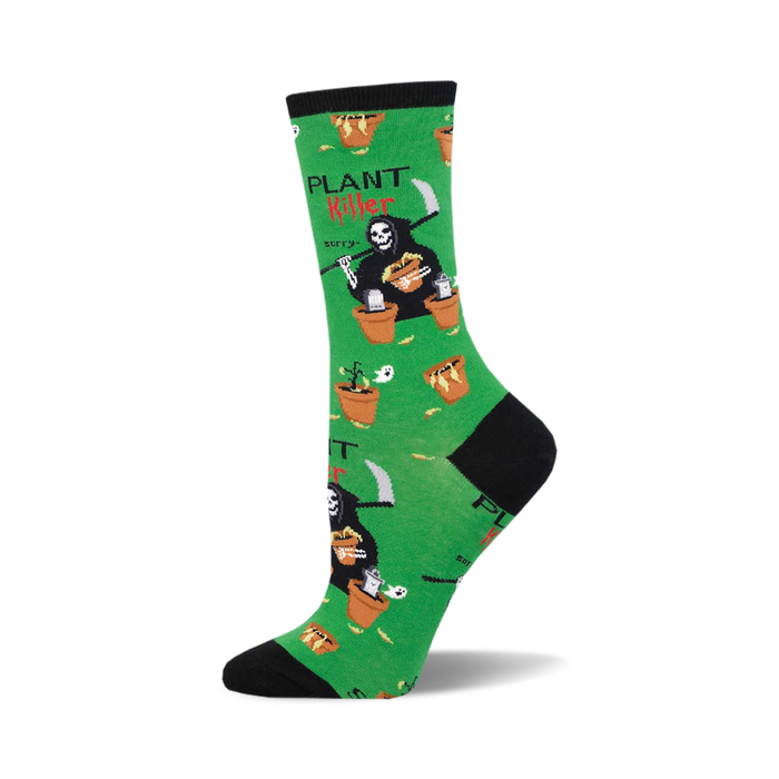 Crew socks in green featuring a Grim Reaper design with potted plants. The text 'Plant Killer' is displayed prominently. }}