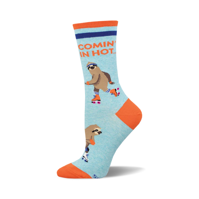 Crew socks in light blue featuring roller-skating sloths and the phrase 'Comin' In Hot.' Orange accents on the heel and toe. }}