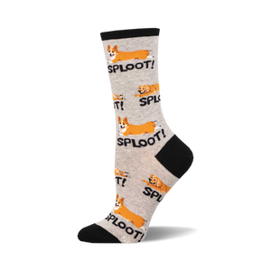Women's crew socks, grey and white, featuring adorable illustrations of corgis in a 'sploot' position with the word 'SPLOOT!'