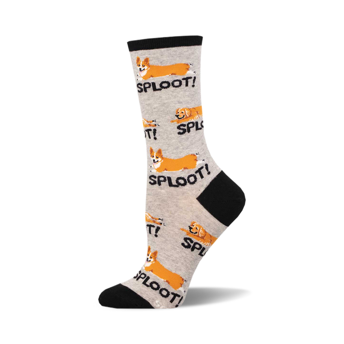 Women's crew socks, grey and white, featuring adorable illustrations of corgis in a 'sploot' position with the word 'SPLOOT!'