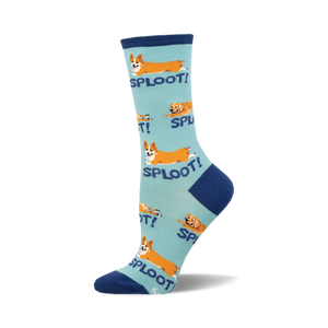 socks that are blue with a pattern of dogs laying on their backs with their tongues out. the word 'sploot!' is also on the socks.