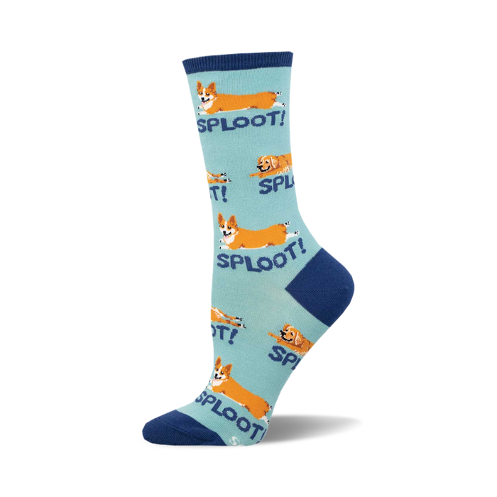 socks that are blue with a pattern of dogs laying on their backs with their tongues out. the word 'sploot!' is also on the socks.