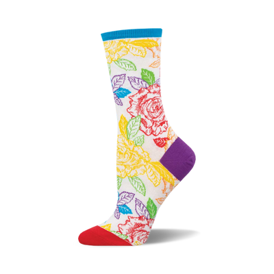 A side view of a crew sock with a white background, rainbow roses, teal cuff, red toe, and purple heel.