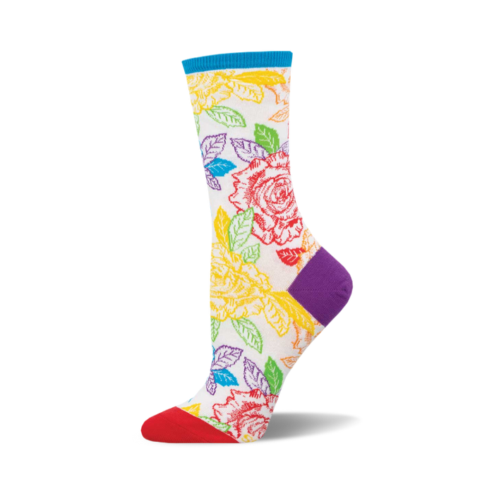 A side view of a crew sock with a white background, rainbow roses, teal cuff, red toe, and purple heel. }}