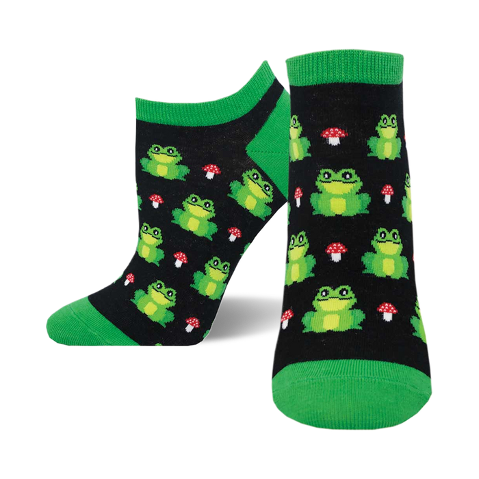 socks that are black with a pattern of green frogs and red toadstools. }}