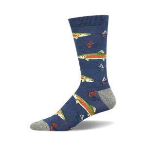 Single crew sock with a dark blue background featuring a pattern of green and orange rainbow trout and fishing flies.