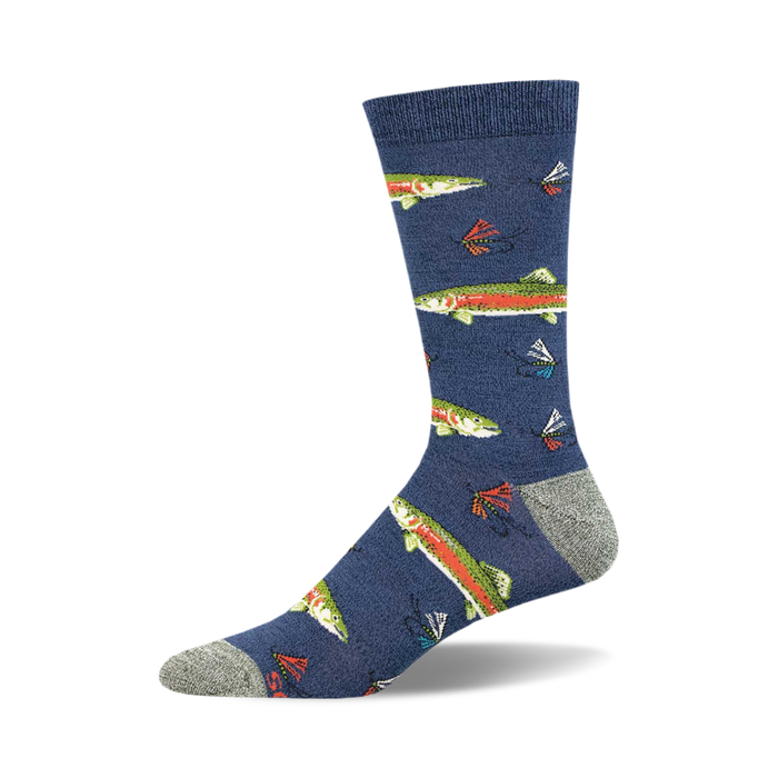 Single crew sock with a dark blue background featuring a pattern of green and orange rainbow trout and fishing flies.