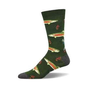 Single crew sock with a dark green background featuring a pattern of green and orange rainbow trout and fishing flies.