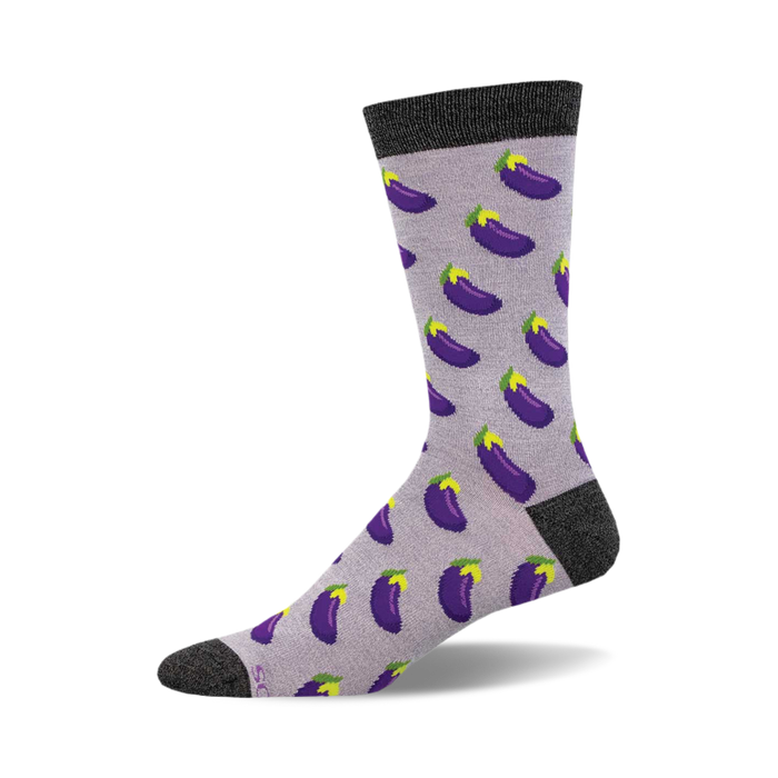 socks that are mid-calf length and have a gray background. there are purple eggplants all over the socks. the eggplants have yellow stems and green leaves. }}