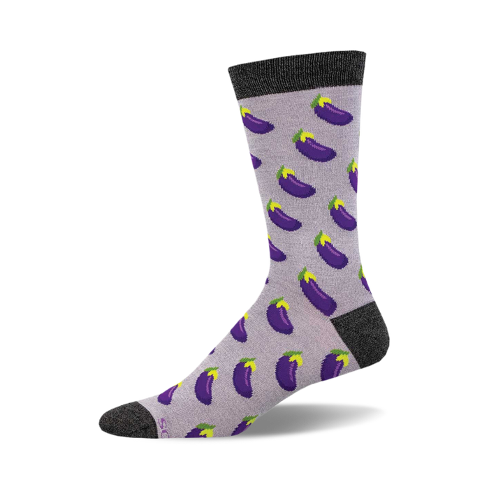 Lavender crew socks with a repeating pattern of purple eggplants.  Dark grey cuff and toe.  Bamboo material. }}
