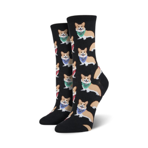 Pair of black crew socks with a repeating pattern of tan corgis wearing colorful bandanas.