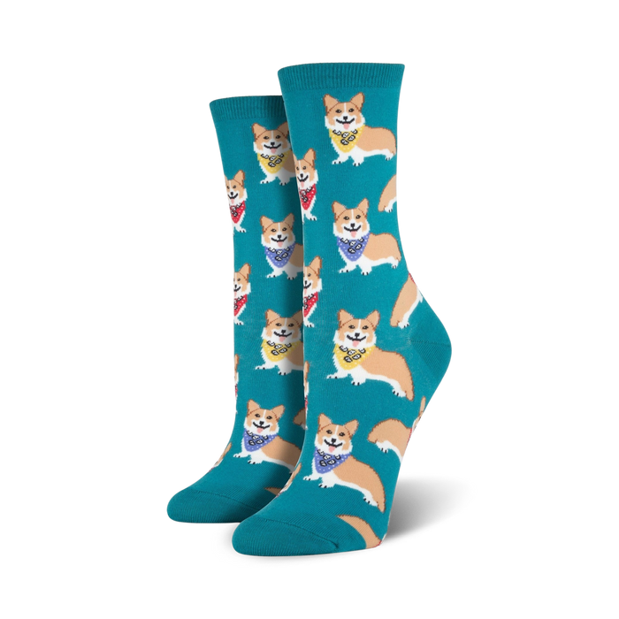 Lifestyle shot showing a person's feet wearing the teal Corgi socks.