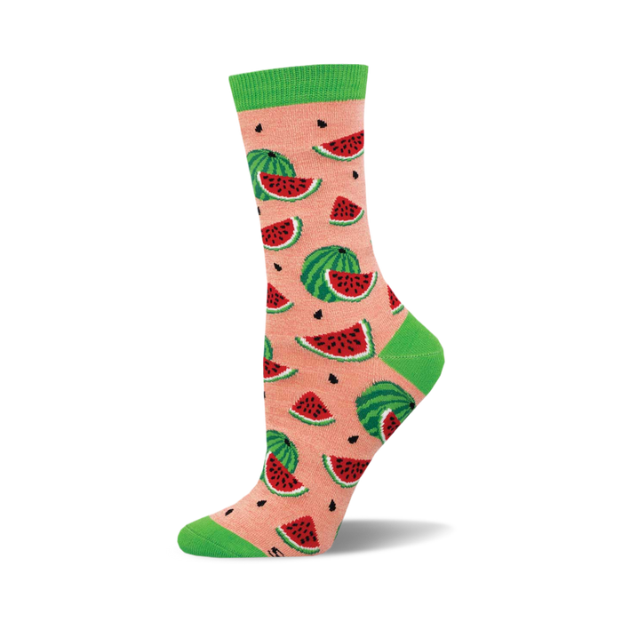 Crew socks in peach and green featuring a repeating pattern of red watermelon slices and whole watermelons. }}