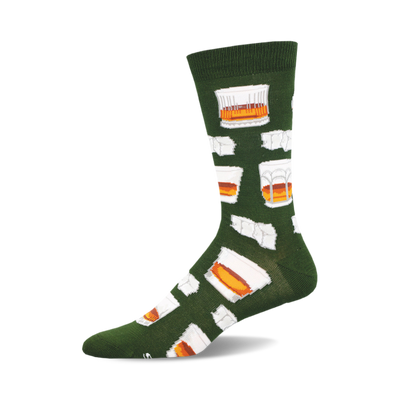 Green crew socks with a repeating pattern of whiskey glasses in white and orange. Made from bamboo.