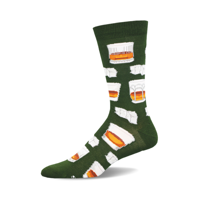 Green crew socks with a repeating pattern of whiskey glasses in white and orange. Made from bamboo. }}