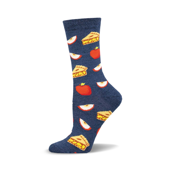 A single navy blue crew sock showcasing an all-over pattern of apple pie slices and red apples. Made from bamboo. }}