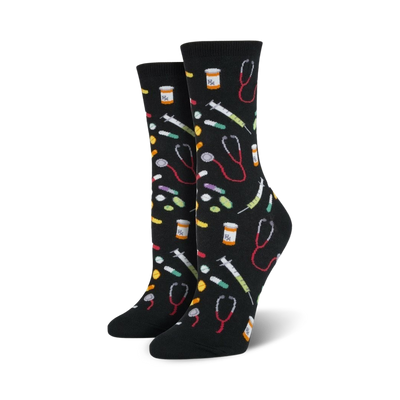 Pair of crew socks in black and blue; colorful pills, syringes, and stethoscopes are playfully scattered across the design.