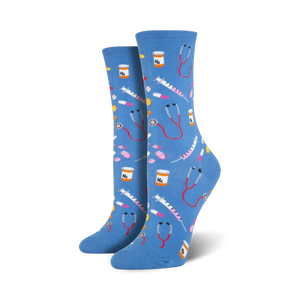 womens crew socks with a pattern of pink, yellow, white pills, red, blue stethoscopes, and green, yellow syringes.   