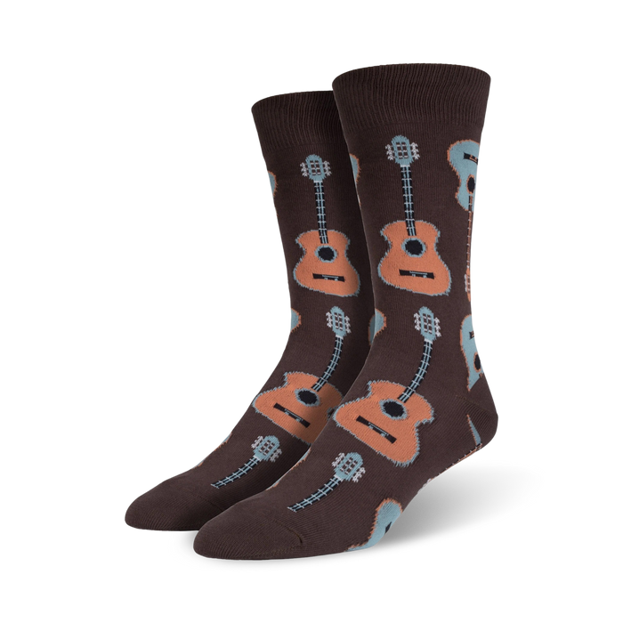 guitars mens crew socks, brown with allover light blue fretboards and strings  