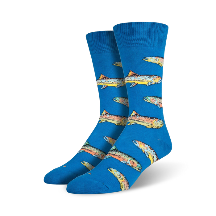 blue crew socks with multicolor trout pattern, perfect for avid fishermen.   }}
