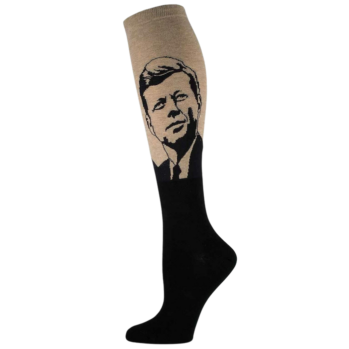 Knee-high socks in beige and black, featuring a stylized black and white portrait of John F. Kennedy on the calf. }}