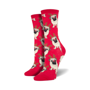 red crew socks for women with allover pattern of cartoon pugs with reindeer antlers  
