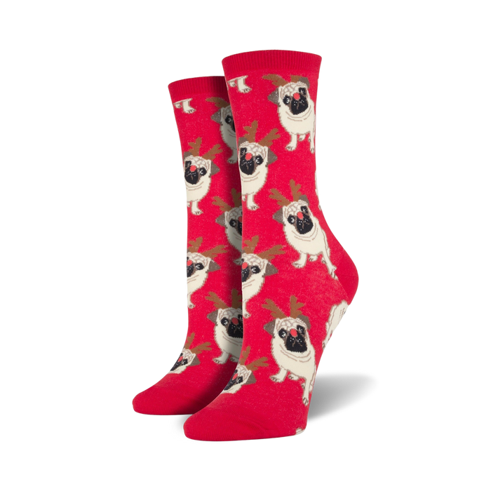 red crew socks for women with allover pattern of cartoon pugs with reindeer antlers  