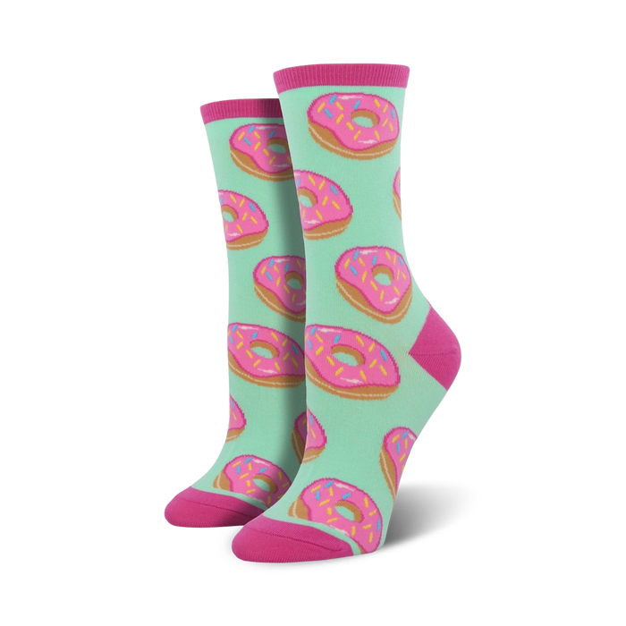 mint green crew socks for women with pink donut pattern & colorful sprinkles    }}