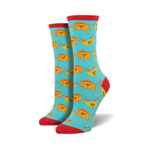 Pair of crew socks with a teal background and repeating pattern of smiling macaroni and cheese pieces. Red cuffs.
