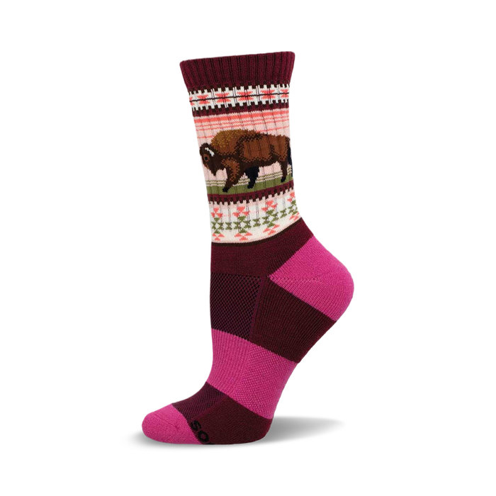 Crew socks in maroon and pink with a horizontal stripe pattern. A brown bison graphic is featured on the upper section, along with Native American-inspired geometric designs. }}