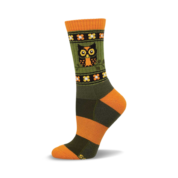 Crew socks in olive green and burnt orange with a repeating floral pattern and a central owl image. }}