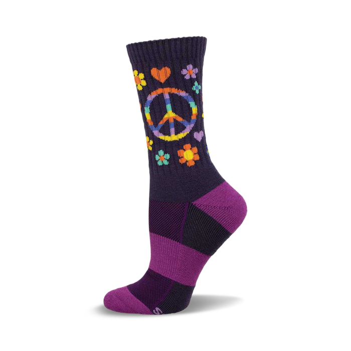 A side view of a purple wool crew sock with a rainbow peace sign, hearts, and flowers.  Striped purple and dark purple heel and sole. }}
