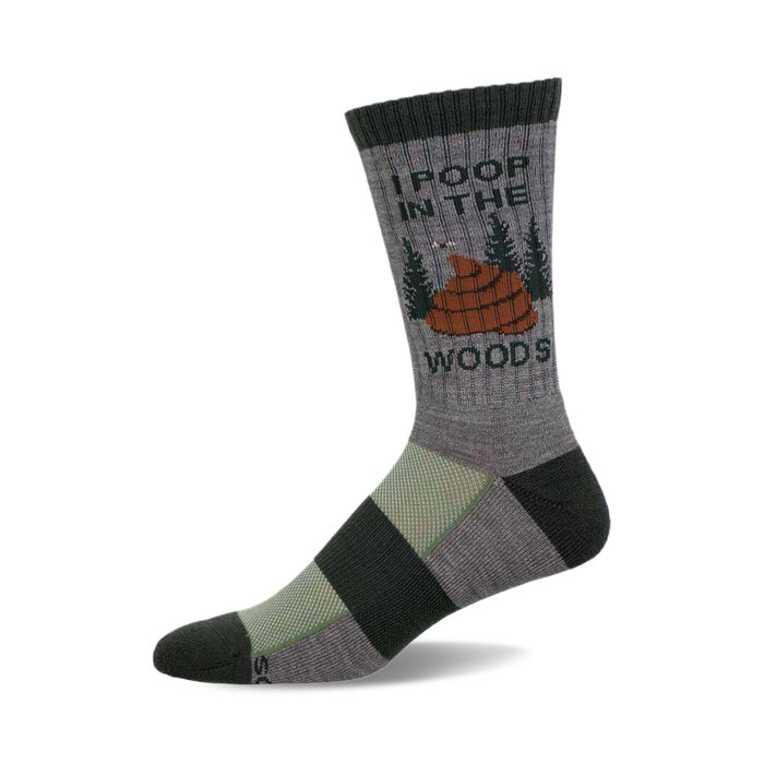 A gray crew wool sock with a humorous graphic of poop in the woods, accented with green and dark gray stripes at the bottom. }}