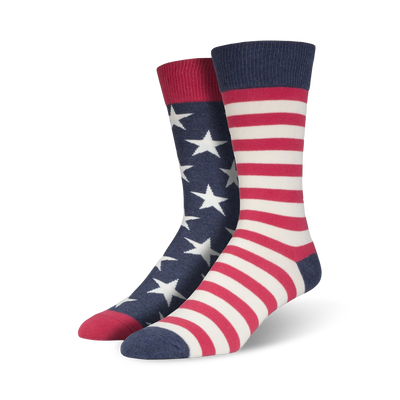 Pair of crew socks in red, white, and blue. One sock features white stars on a navy blue background, the other has red and white stripes.