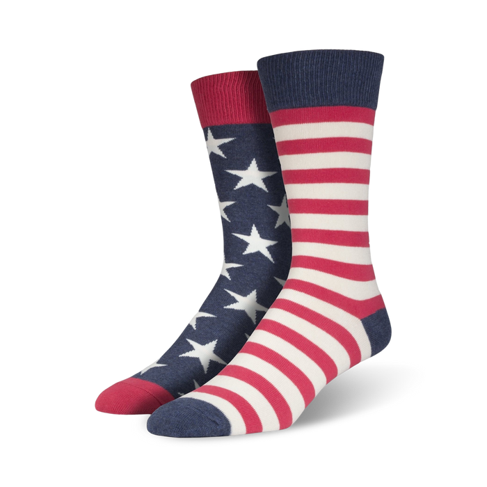 Pair of crew socks in red, white, and blue. One sock features white stars on a navy blue background, the other has red and white stripes. }}