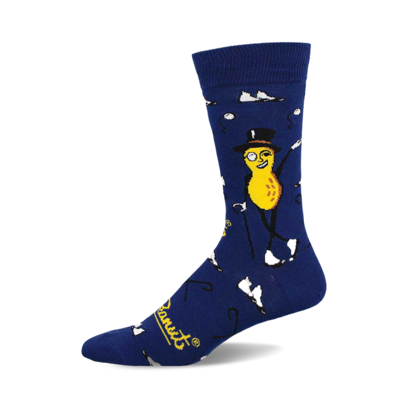 A side view of a navy blue crew sock featuring Mr. Peanut in a top hat and monocle. The sock also has small white cane designs.