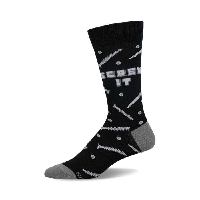Black crew socks with a gray 'Screw It' graphic and scattered screw illustrations. A fun and quirky design! }}