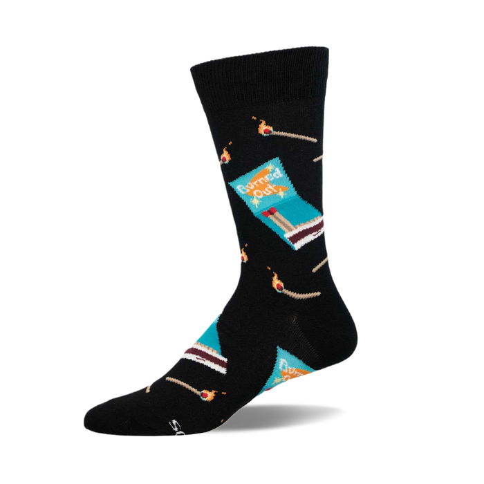 Black crew socks with a teal matchbox and burnt match design. The words 'Burned Out' are on the matchbox. }}