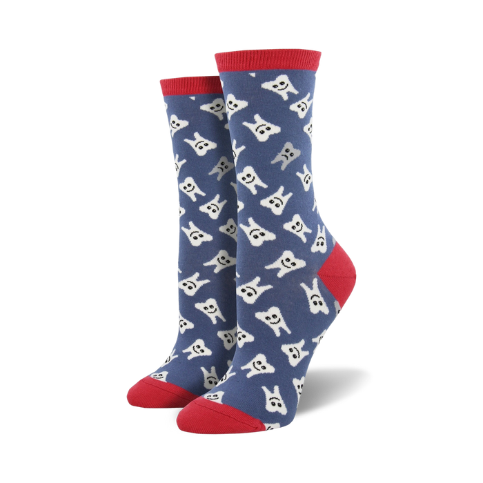 Pair of women's crew socks. Blue background with all-over print of smiling white teeth. Red top trim. }}