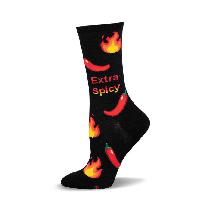 Black crew socks with red chili peppers and orange flames. The text 'Extra Spicy' is featured on the socks. }}