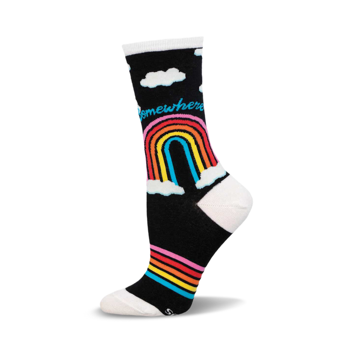 Black crew sock with a rainbow, white clouds, 'Somewhere' text, and colorful stripes near the toe. White heel and toe. }}