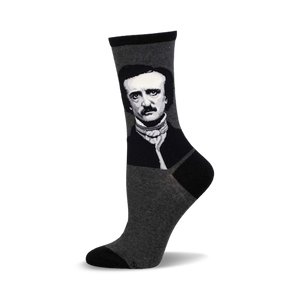 Gray crew socks with a black and white portrait of Edgar Allan Poe on the leg.  Stylish and literary!