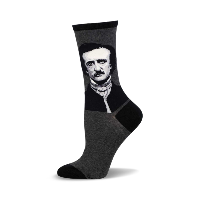 Gray crew socks with a black and white portrait of Edgar Allan Poe on the leg.  Stylish and literary!