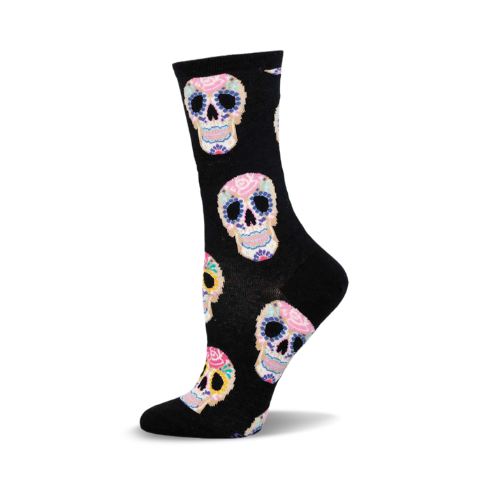 Black crew socks with a colorful sugar skull pattern. The skulls feature pink, blue, yellow, and orange floral details.