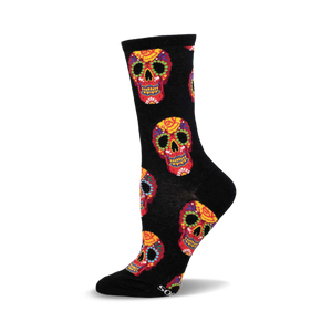 Close-up showing detail of the colorful sugar skull designs on the black socks.