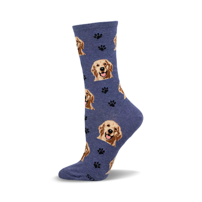 Crew socks in blue featuring a pattern of Golden Retriever faces and black paw prints.